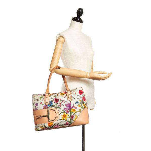 グッチ ホースビット フローラ 137385 ホワイト ベージュ キャンバス レザー トートバッグ レディース GUCCI 【中古】