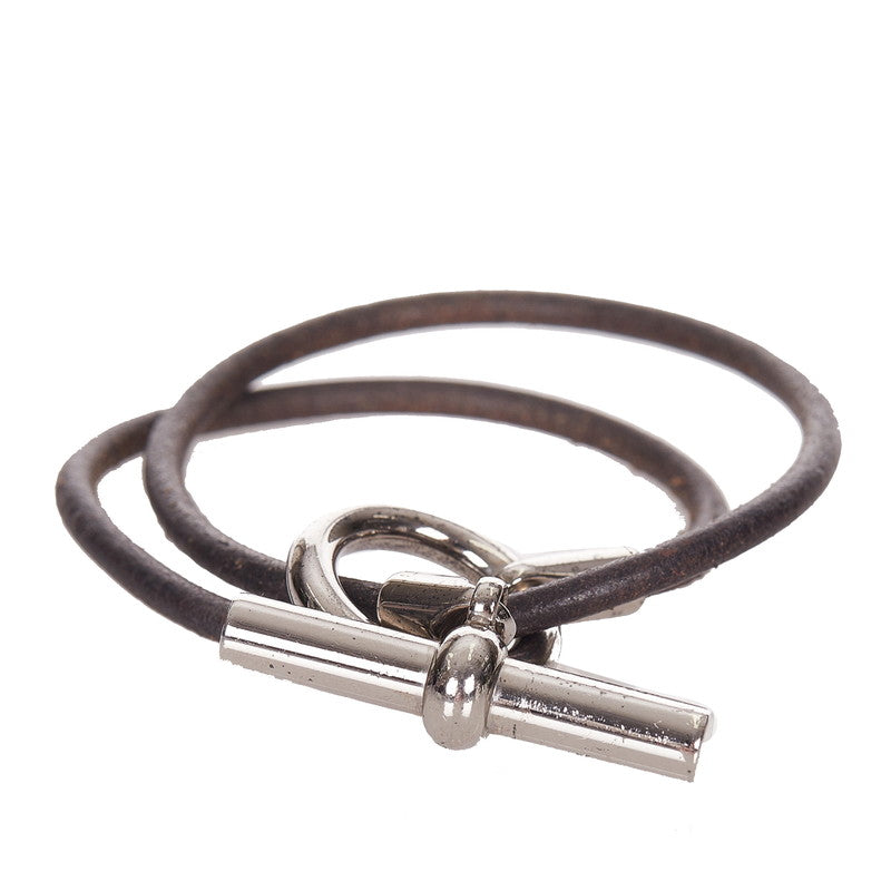 エルメス ブラック シルバー レザー メタル グレナン ブレスレット レディース HERMES 【中古】