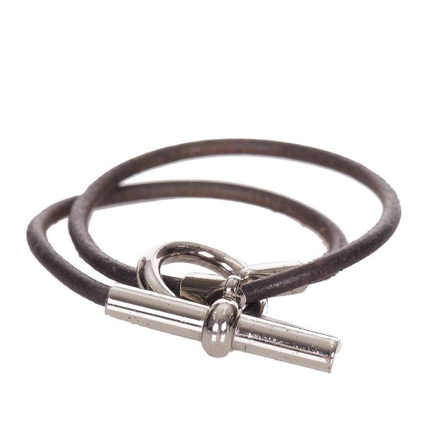 エルメス ブラック シルバー レザー メタル グレナン ブレスレット レディース HERMES 【中古】