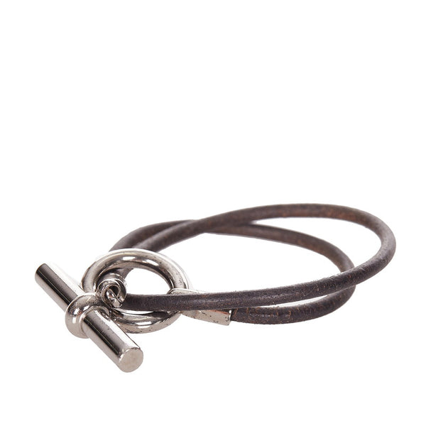 エルメス ブラック シルバー レザー メタル グレナン ブレスレット レディース HERMES 【中古】