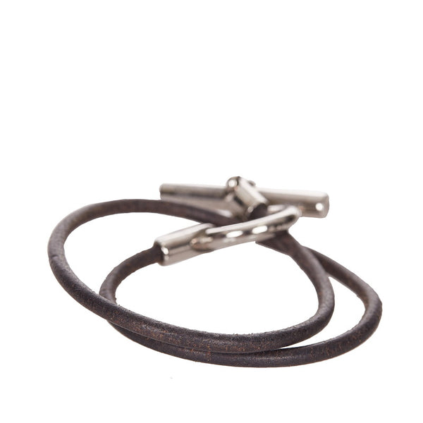 エルメス ブラック シルバー レザー メタル グレナン ブレスレット レディース HERMES 【中古】