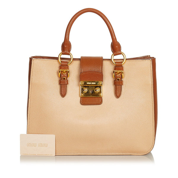 ミュウミュウ マドラス RN 0882 ベージュ ブラウン レザー ハンドバッグ レディース MIUMIU 【中古】