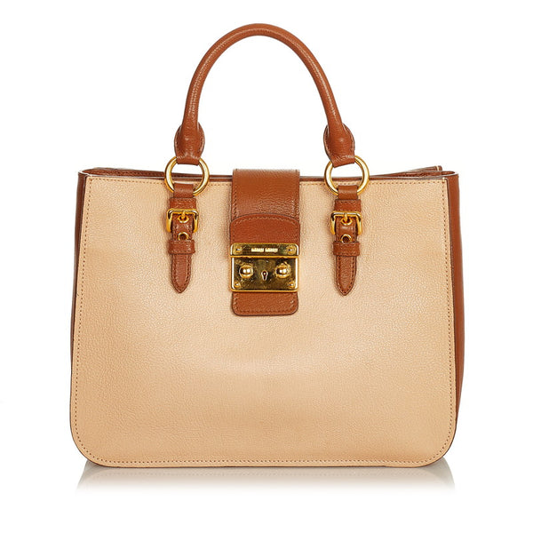 ミュウミュウ マドラス RN 0882 ベージュ ブラウン レザー ハンドバッグ レディース MIUMIU 【中古】