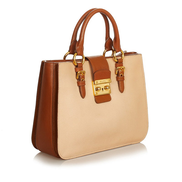 ミュウミュウ マドラス RN 0882 ベージュ ブラウン レザー ハンドバッグ レディース MIUMIU 【中古】