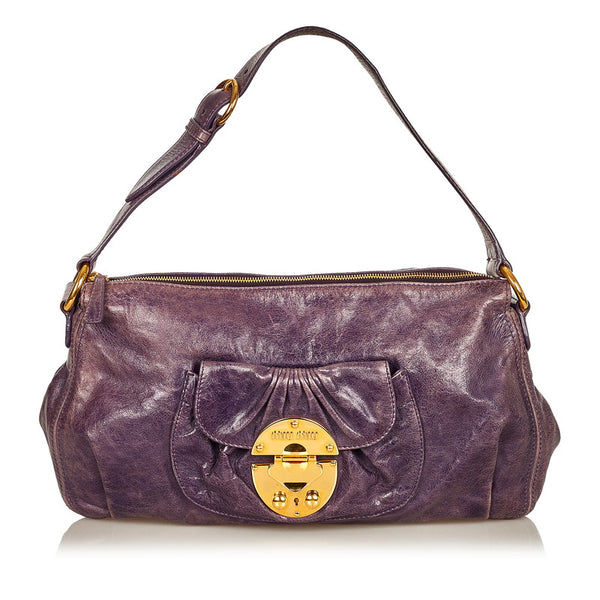 ミュウミュウ ロゴプレート ショルダーバッグ T15766 パープル レザー レディース MIUMIU 【中古】
