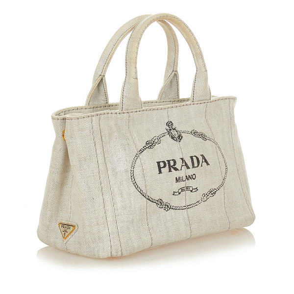 プラダ カナパミニ B2439G ホワイト ライトグレー  デニム ハンドバッグ レディース PRADA 【中古】