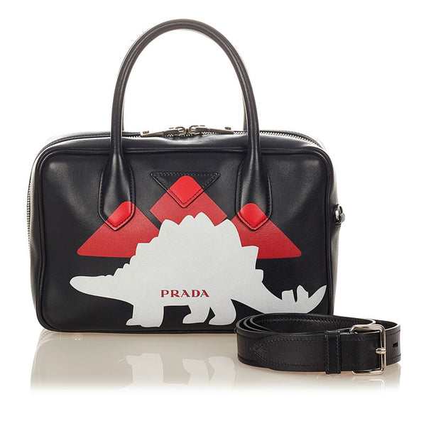 プラダ 恐竜モチーフ ブラック ホワイト レッド レザー ハンドバッグ ショルダーバッグ２WAY レディース PRADA 【中古】