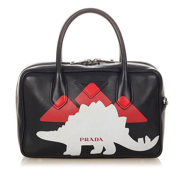 プラダ 恐竜モチーフ ブラック ホワイト レッド レザー ハンドバッグ ショルダーバッグ２WAY レディース PRADA 【中古】