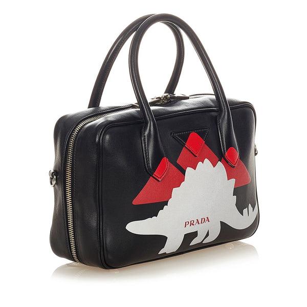 プラダ 恐竜モチーフ ブラック ホワイト レッド レザー ハンドバッグ ショルダーバッグ２WAY レディース PRADA 【中古】
