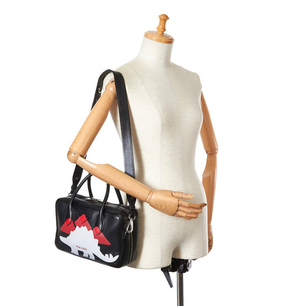 プラダ 恐竜モチーフ ブラック ホワイト レッド レザー ハンドバッグ ショルダーバッグ２WAY レディース PRADA 【中古】