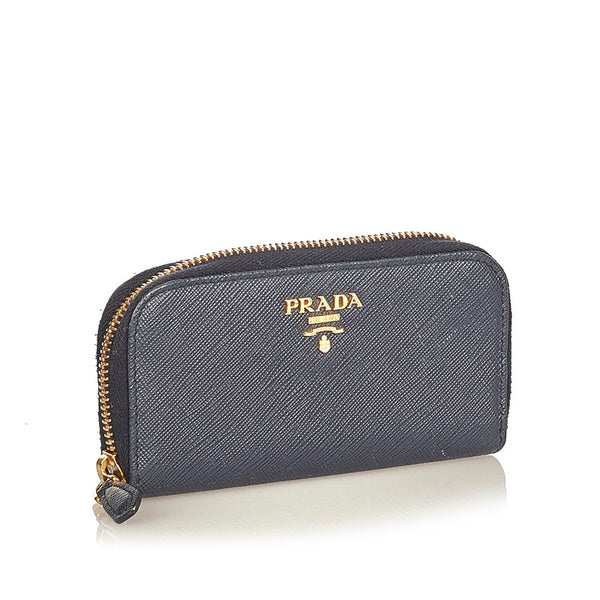プラダ サフィアーノ ラウンドファスナー 1PG604 ネイビー レザー キーケース レディース PRADA 【中古】