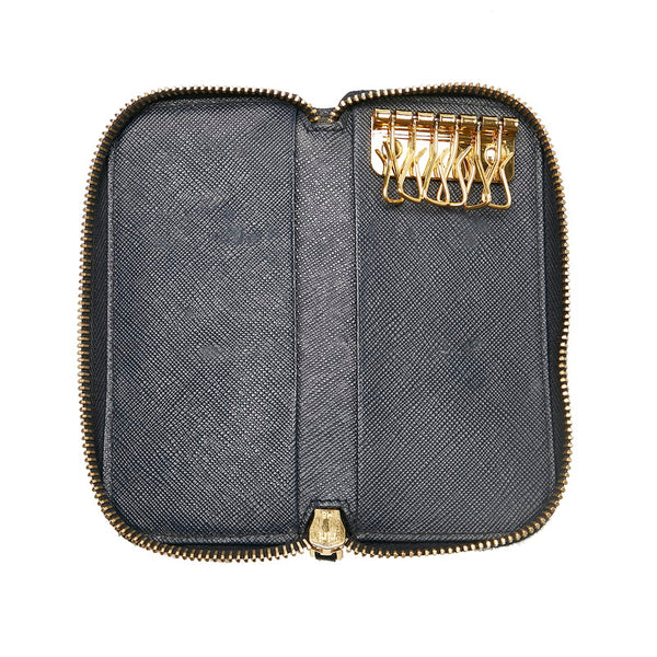 プラダ サフィアーノ ラウンドファスナー 1PG604 ネイビー レザー キーケース レディース PRADA 【中古】