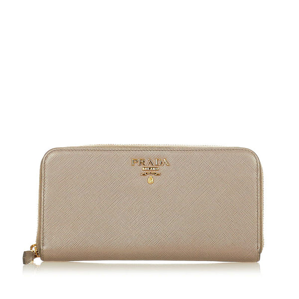 プラダ サフィアーノ グレー レザー ラウンドファスナー 長財布 レディース PRADA 【中古】