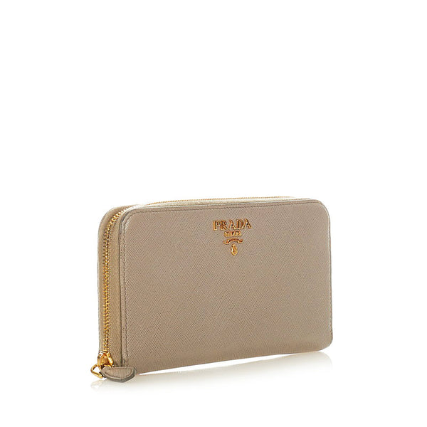 プラダ サフィアーノ グレー レザー ラウンドファスナー 長財布 レディース PRADA 【中古】