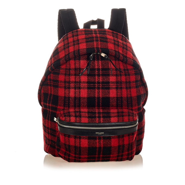 サンローラン チェック レッド ウール レザー リュック バックパック レディース SAINT LAURENT 【中古】