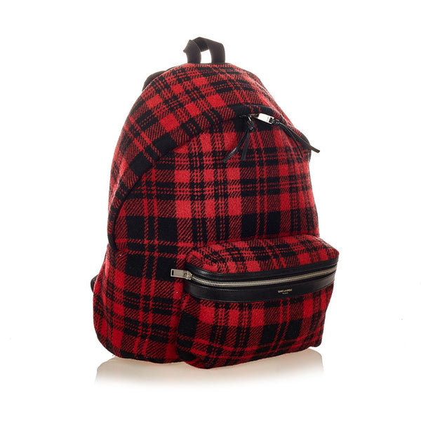 サンローラン チェック レッド ウール レザー リュック バックパック レディース SAINT LAURENT 【中古】