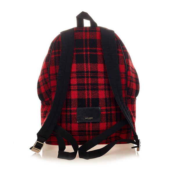 サンローラン チェック レッド ウール レザー リュック バックパック レディース SAINT LAURENT 【中古】