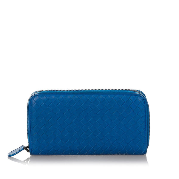 ボッテガヴェネタ イントレチャート ブルー レザー ラウンドファスナー 長財布 メンズ BOTTEGAVENETA 【中古】