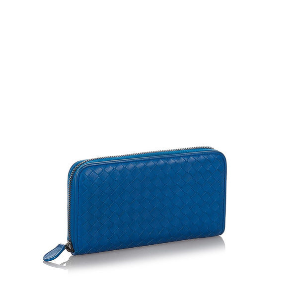 ボッテガヴェネタ イントレチャート ブルー レザー ラウンドファスナー 長財布 メンズ BOTTEGAVENETA 【中古】