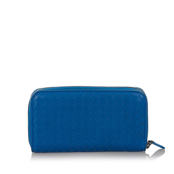 ボッテガヴェネタ イントレチャート ブルー レザー ラウンドファスナー 長財布 メンズ BOTTEGAVENETA 【中古】