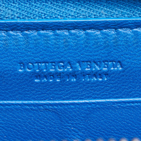 ボッテガヴェネタ イントレチャート ブルー レザー ラウンドファスナー 長財布 メンズ BOTTEGAVENETA 【中古】
