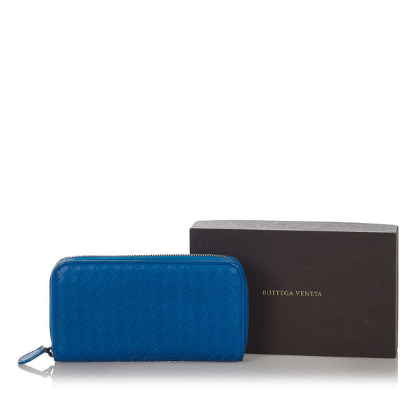 ボッテガヴェネタ イントレチャート ブルー レザー ラウンドファスナー 長財布 メンズ BOTTEGAVENETA 【中古】