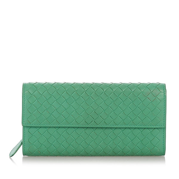 ボッテガヴェネタ イントレチャート グリーン レザー 長財布 レディース BOTTEGAVENETA 【中古】