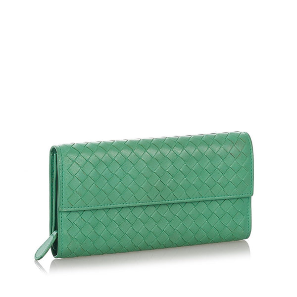ボッテガヴェネタ イントレチャート グリーン レザー 長財布 レディース BOTTEGAVENETA 【中古】