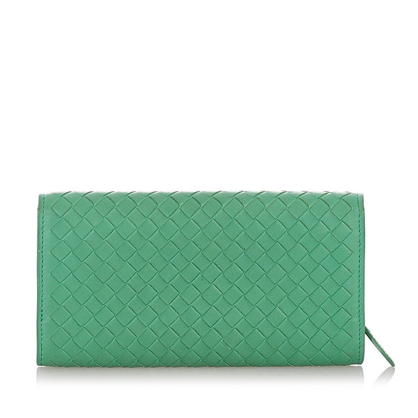 ボッテガヴェネタ イントレチャート グリーン レザー 長財布 レディース BOTTEGAVENETA 【中古】