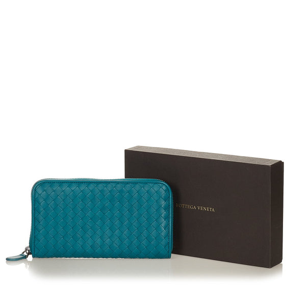 ボッテガヴェネタ イントレチャート 水色 レザー 長財布 ラウンドファスナー レディース BOTTEGAVENETA 【中古】