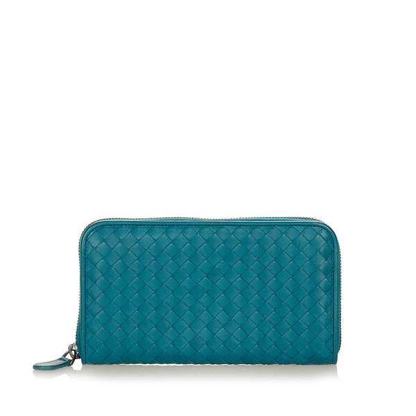 ボッテガヴェネタ イントレチャート 水色 レザー 長財布 ラウンドファスナー レディース BOTTEGAVENETA 【中古】