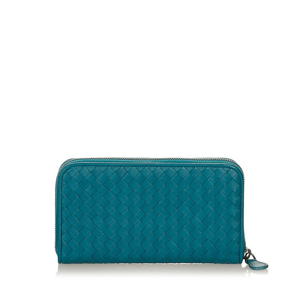 ボッテガヴェネタ イントレチャート 水色 レザー 長財布 ラウンドファスナー レディース BOTTEGAVENETA 【中古】