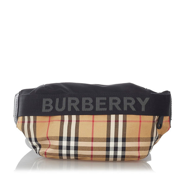 バーバリー ヴィンテージチェック ブラック ベージュ キャンバス レザー ウエストバッグ メンズ BURBERRY 【中古】
