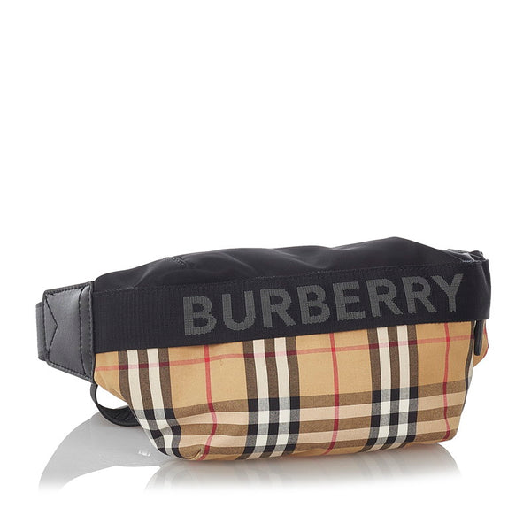 バーバリー ヴィンテージチェック ブラック ベージュ キャンバス レザー ウエストバッグ メンズ BURBERRY 【中古】