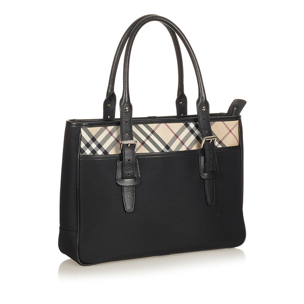 バーバリー ノバチェック ブラック キャンバス レザー ハンドバッグ レディース BURBERRY 【中古】