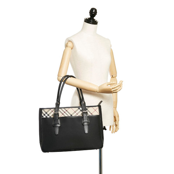 バーバリー ノバチェック ブラック キャンバス レザー ハンドバッグ レディース BURBERRY 【中古】