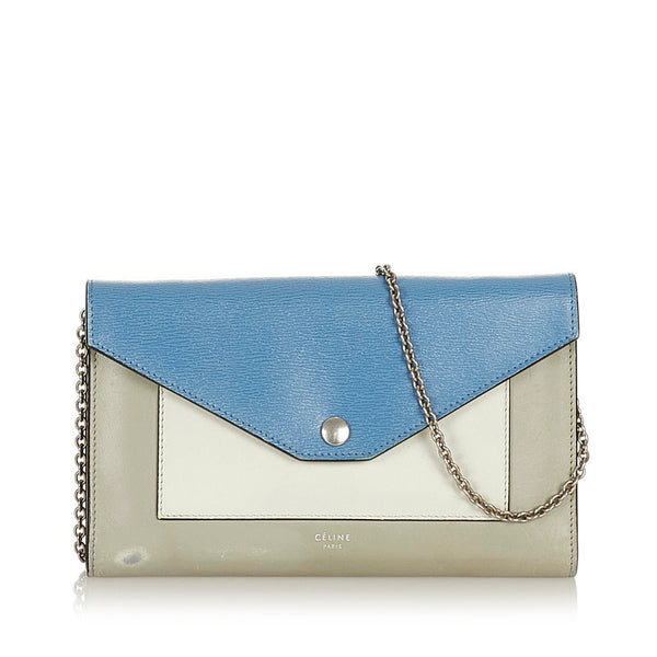 セリーヌ ブルー ベージュ レザー ウォレットチェーン レディース CELINE 【中古】