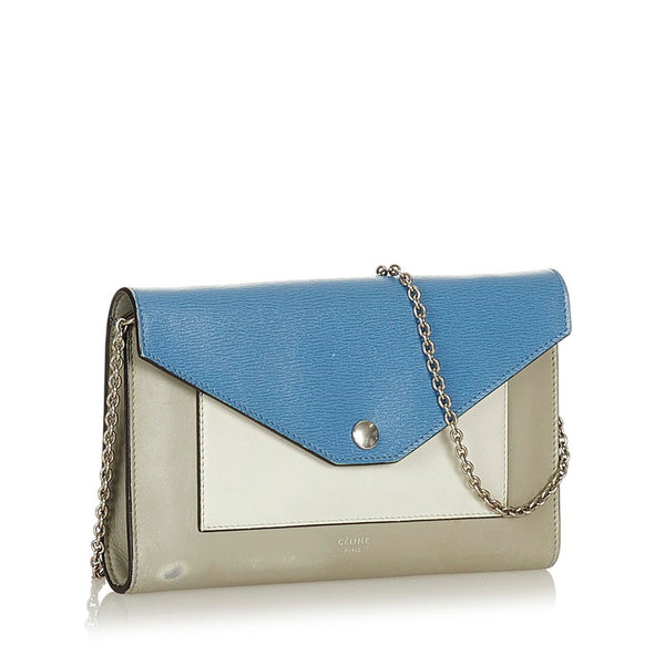 セリーヌ ブルー ベージュ レザー ウォレットチェーン レディース CELINE 【中古】