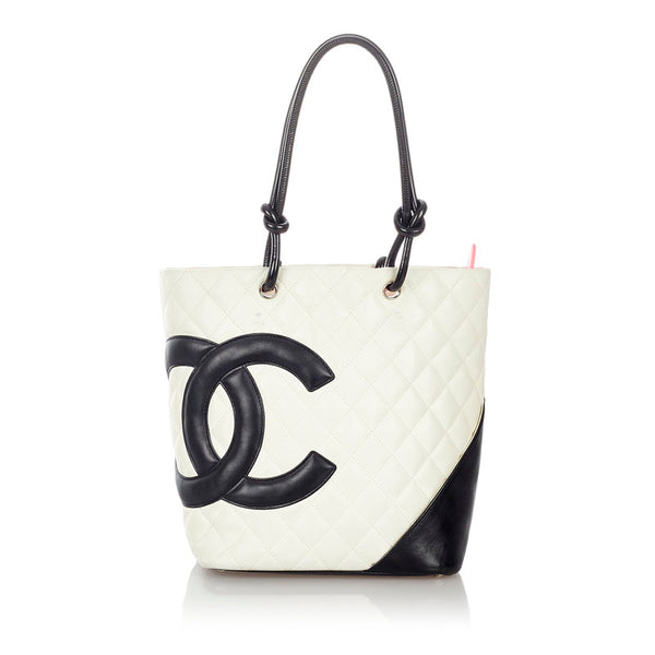 シャネル カンボンライン ホワイト ブラック レザー トートバッグ レディース CHANEL 【中古】
