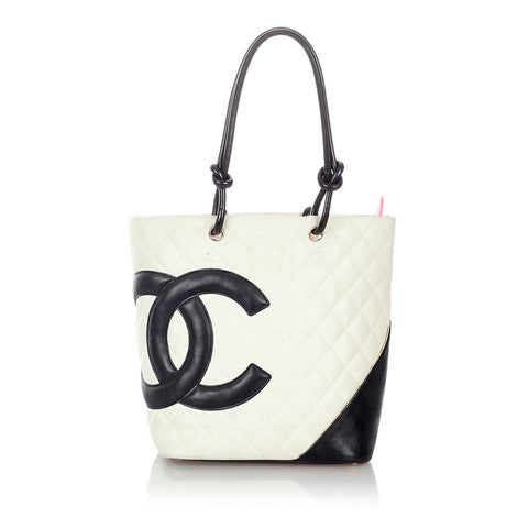 シャネル カンボンライン ホワイト ブラック レザー トートバッグ レディース CHANEL 【中古】