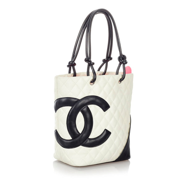 シャネル カンボンライン ホワイト ブラック レザー トートバッグ レディース CHANEL 【中古】