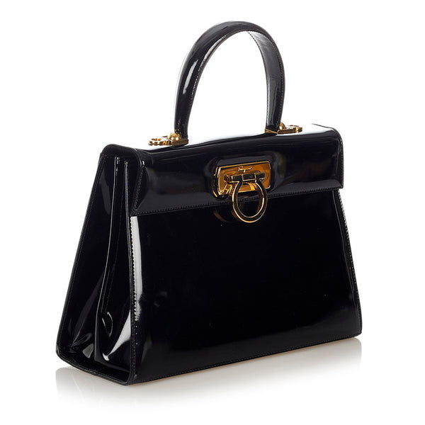 サルヴァトーレフェラガモ ガンチーニ  ゴールド金具 DD-21 2181 ブラック レザー ハンドバッグ レディース Salvatore Ferragamo 【中古】