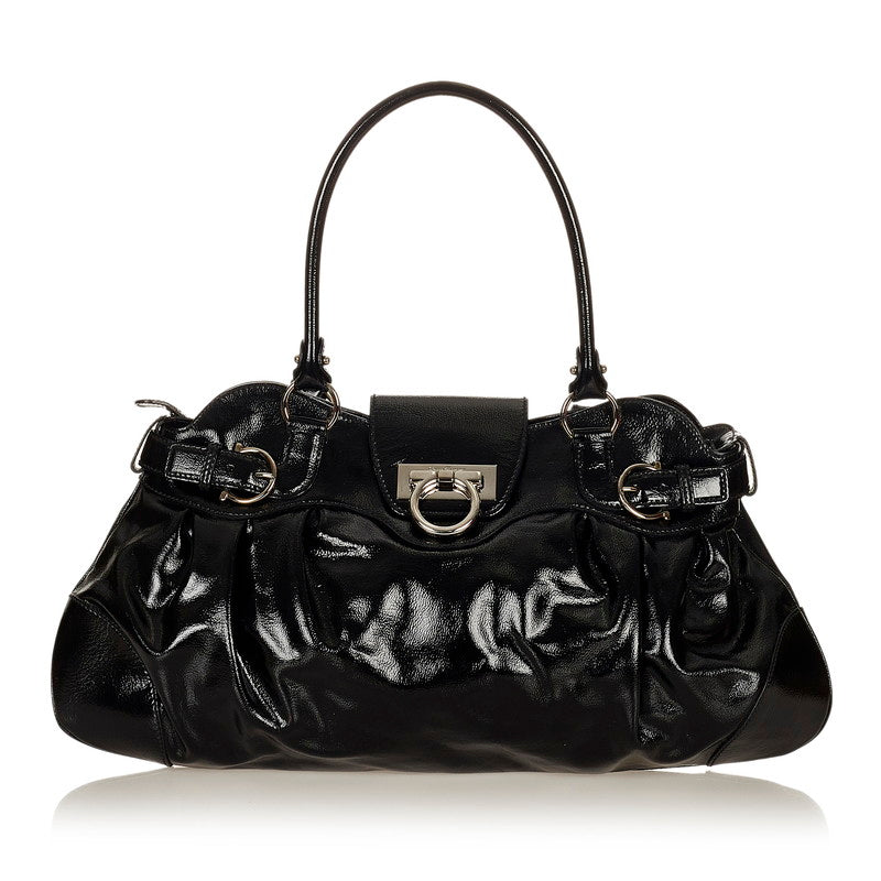 サルヴァトーレフェラガモ ガンチーニ AB-21 5370 ブラック パテントレザー ハンドバッグ レディース Salvatore Ferragamo 【中古】