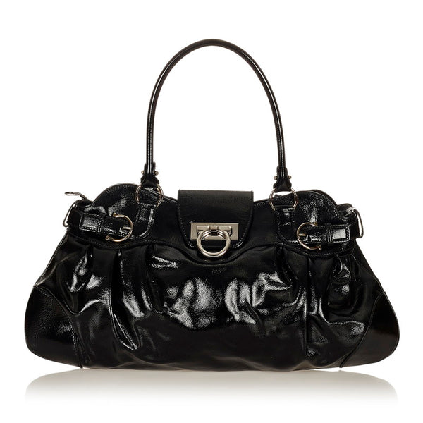 サルヴァトーレフェラガモ ガンチーニ AB-21 5370 ブラック パテントレザー ハンドバッグ レディース Salvatore Ferragamo 【中古】