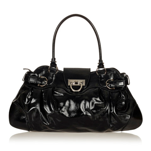 サルヴァトーレフェラガモ ガンチーニ AB-21 5370 ブラック パテントレザー ハンドバッグ レディース Salvatore Ferragamo 【中古】