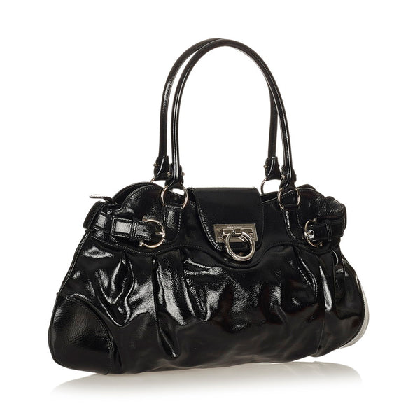 サルヴァトーレフェラガモ ガンチーニ AB-21 5370 ブラック パテントレザー ハンドバッグ レディース Salvatore Ferragamo 【中古】