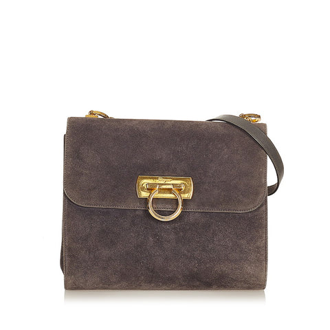 サルヴァトーレフェラガモ ガンチーニ E-21 1067 グレー スウェード ショルダーバッグ レディース Salvatore Ferragamo 【中古】