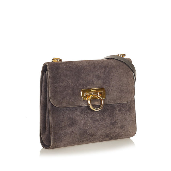サルヴァトーレフェラガモ ガンチーニ E-21 1067 グレー スウェード ショルダーバッグ レディース Salvatore Ferragamo 【中古】