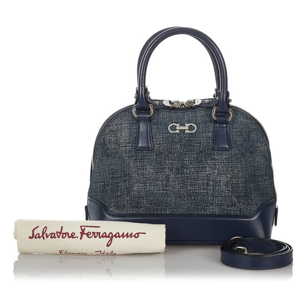 サルヴァトーレフェラガモ ダブルガンチーニ ハンドバッグ ショルダーバッグ ２Way EZ-21 E950 ネイビー キャンバス レザー レディース Salvatore Ferragamo 【中古】