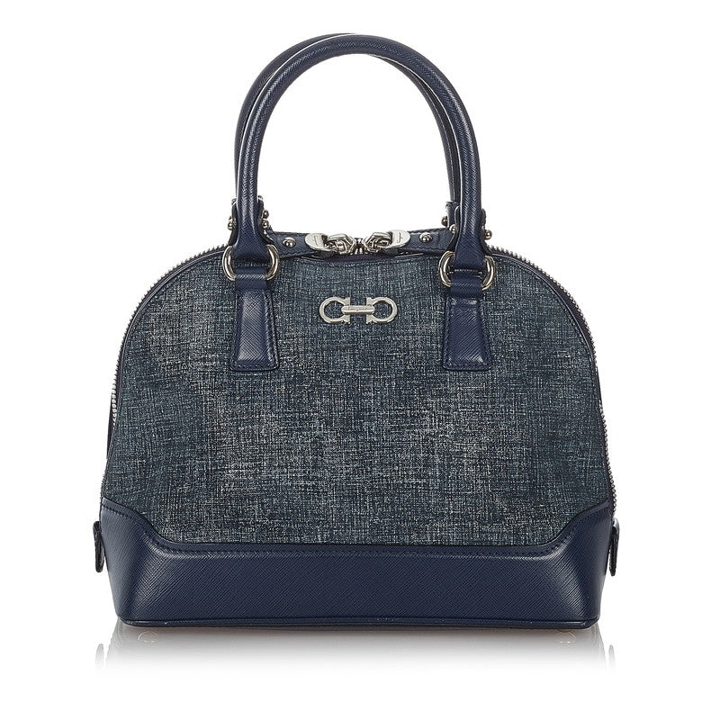 サルヴァトーレフェラガモ ダブルガンチーニ ハンドバッグ ショルダーバッグ ２Way EZ-21 E950 ネイビー キャンバス レザー レディース Salvatore Ferragamo 【中古】